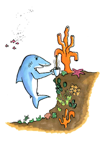 drawing of a shark getting an espresso