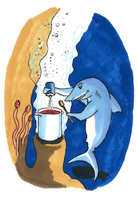drawing of a shark putting salt into a pot of pasta