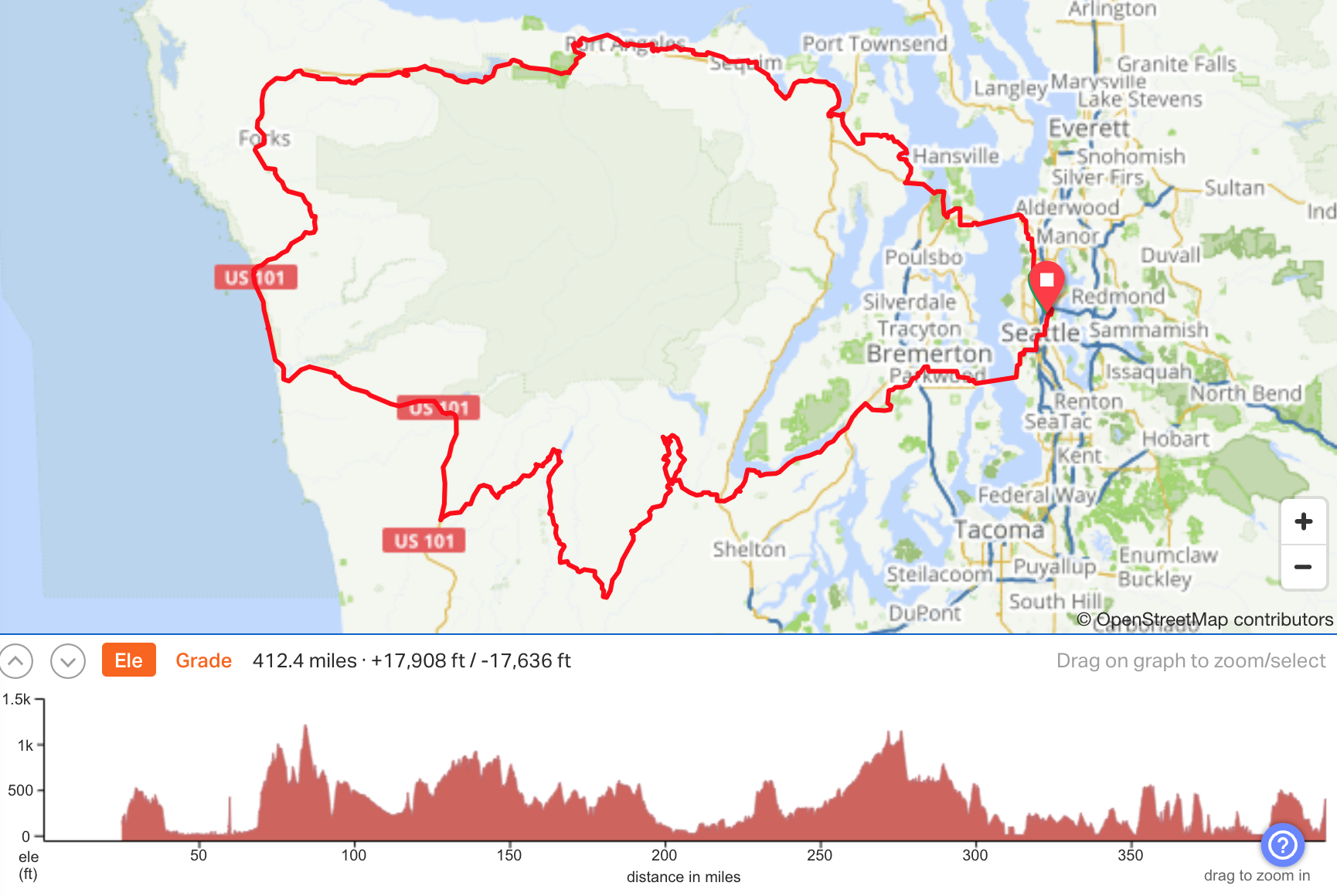 topographic map of the olympic pennisula with our route overlaid