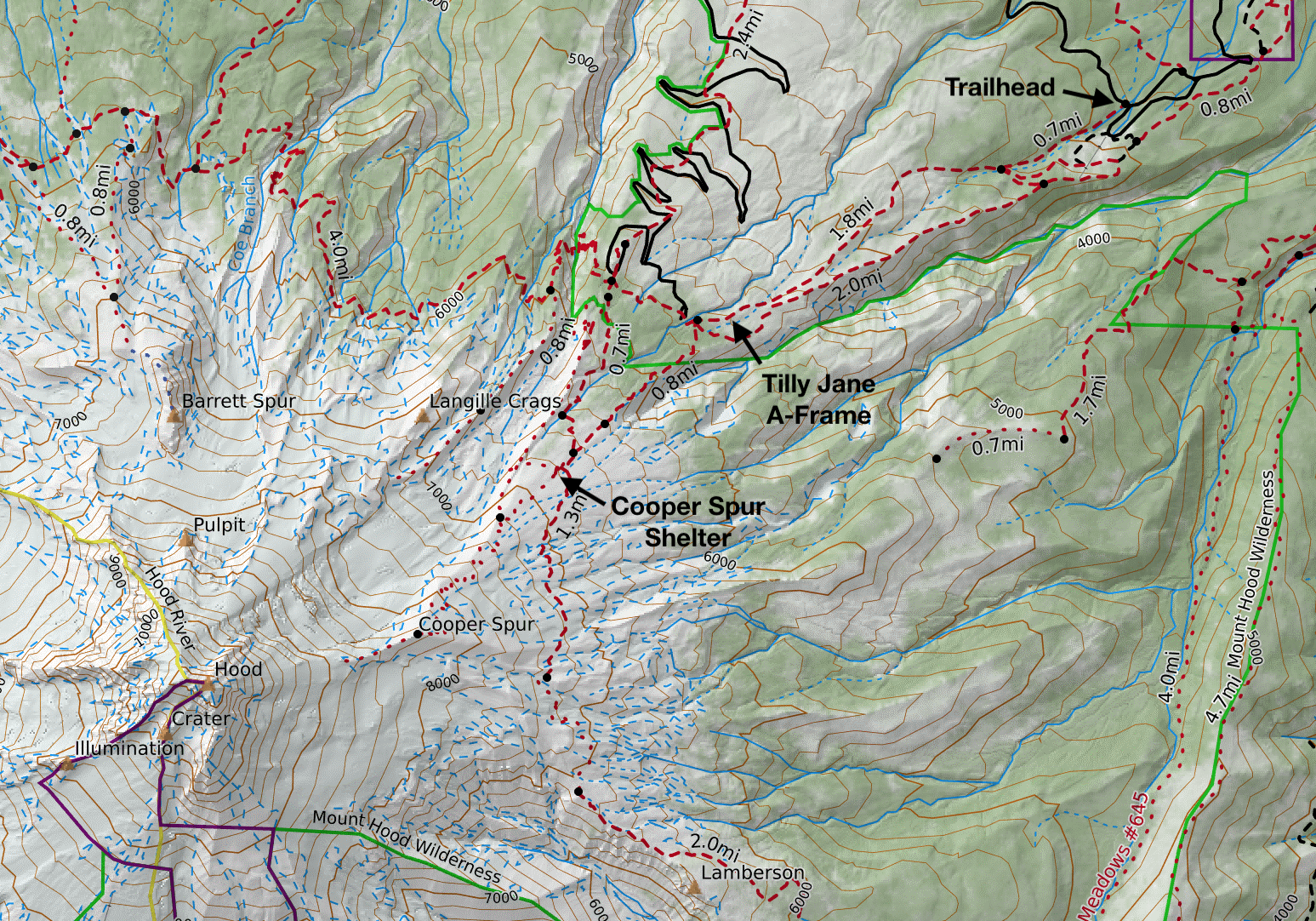 a topographic map of the northeast side of Mt Hood, showing the Tilly Jane and Cooper Spur trails